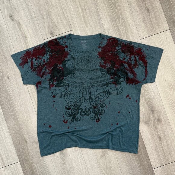 Y2K APT.9 Blood Splatter Graphic Men's Teal T-Shirt - Size XL - Picture 1 of 6